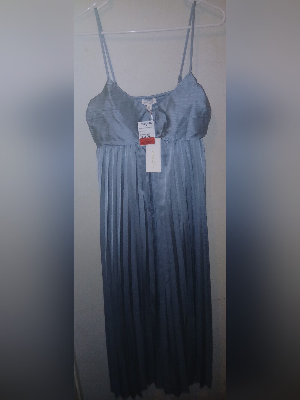 By The River Elegant Slate Blue Pleated Spaghetti-Strap Dress